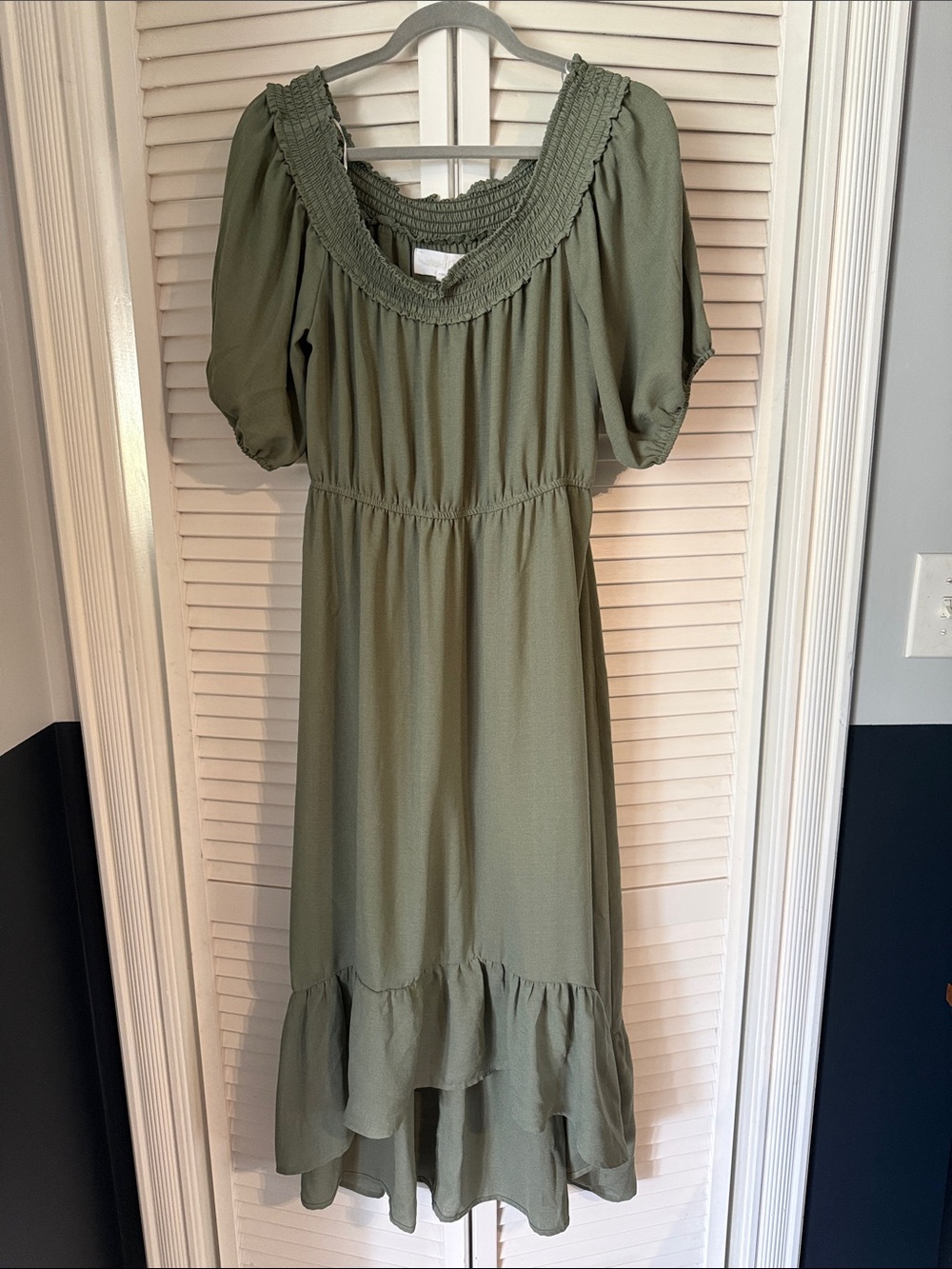 Smocked Neck Olive Green Maxi Dress with Puff Sleeves